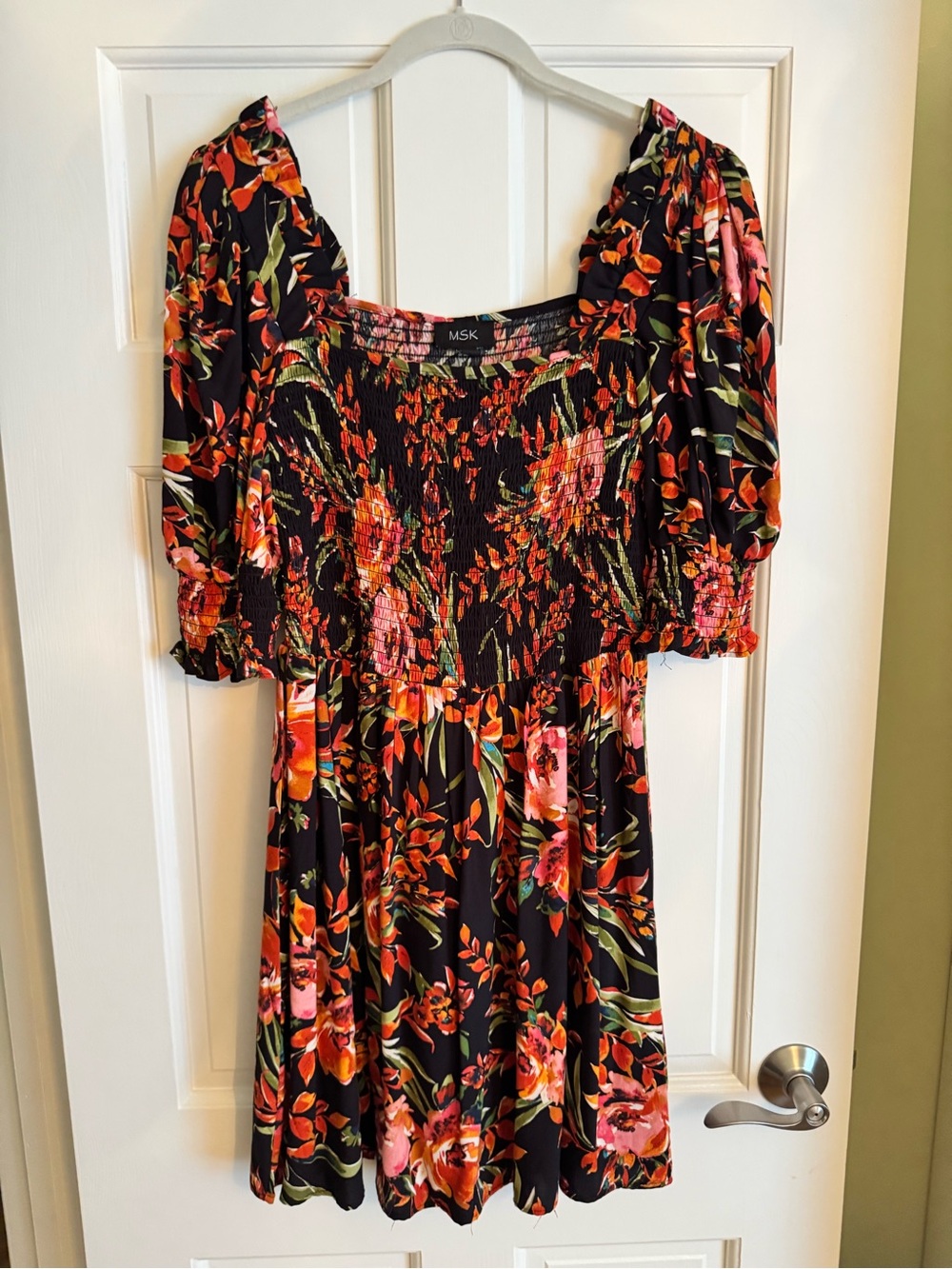 MSK Black Floral Smocked Mini Dress with Pink & Orange Blooms